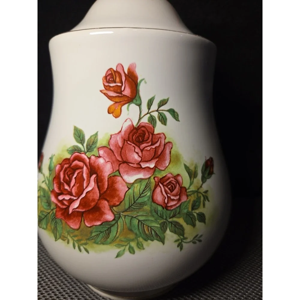 Vntg Ceramic Lidded Canister White With Rose Design 10 In Tall